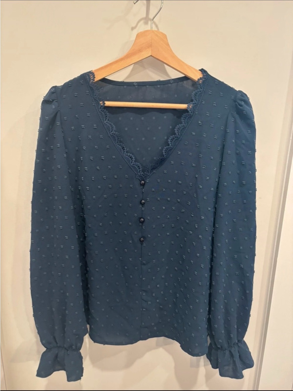 V-Neck Textured Long-Sleeve Blouse in Teal Blue